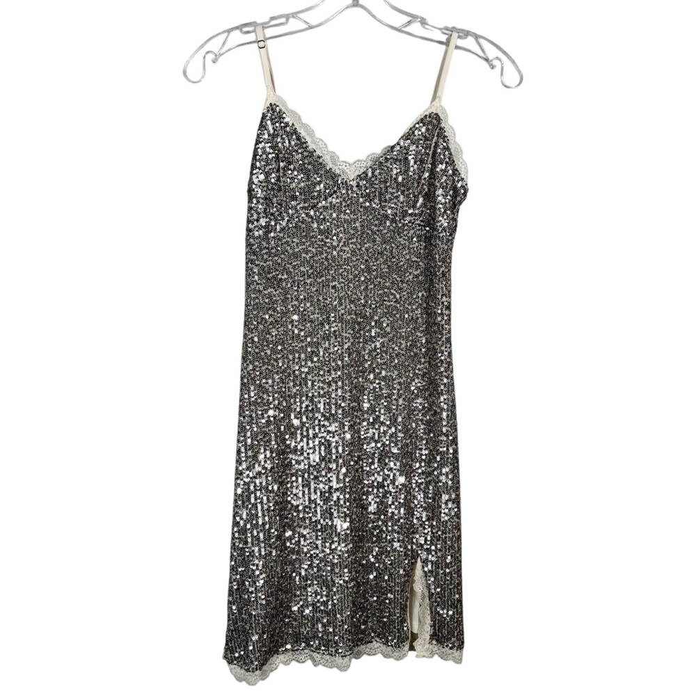 Wild Fable Babydoll Slip Silver Rhinestone Slit Leg Mini Dress XS Party Retro